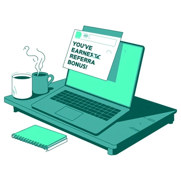 A teal laptop is open on a wooden desk. The screen of the laptop displays an email with the text "You've Earned a Referral Bonus!" prominently shown in bold letters. The laptop has a sleek design, and the keyboard is black with shiny keys. Next to the laptop, there is a white coffee mug, steaming slightly, and a closed notebook with a teal cover placed beside it. The desk has a warm, inviting tone, with soft lighting creating a cozy atmosphere.