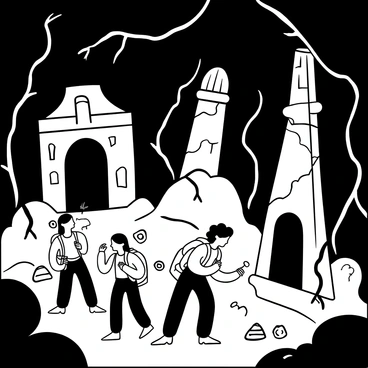 A group of explorers with backpacks and climbing gear navigating through a dark underground cavern. They are standing amidst the partially collapsed remains of ancient stone structures, with intricate carvings adorning the walls. Cracked pillars rise up around them, and vines creep along the surfaces of the ruins. The explorers are using flashlights to illuminate the dim surroundings, revealing scattered artifacts on the ground, such as pottery shards and broken tools. Shadows dance across the walls, creating a mysterious atmosphere in the ancient underground site.