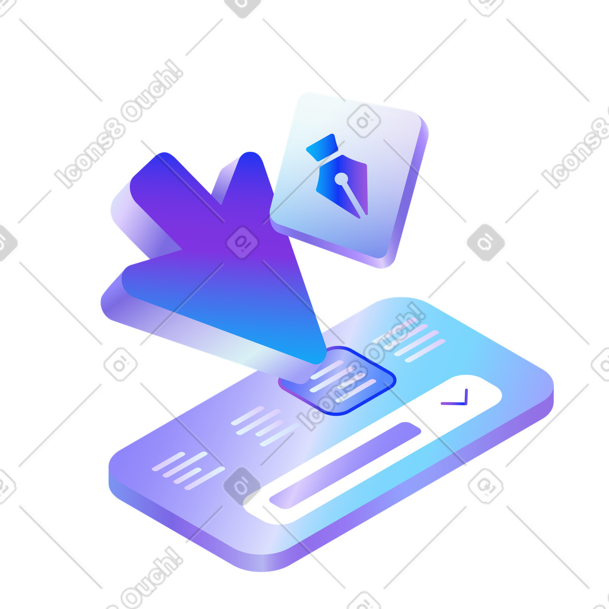 Illustration Édition créative, éditeur de documents mobile, sortie rapide, rédaction numérique dans le style Hi-tech à télécharger aux formats PNG, SVG