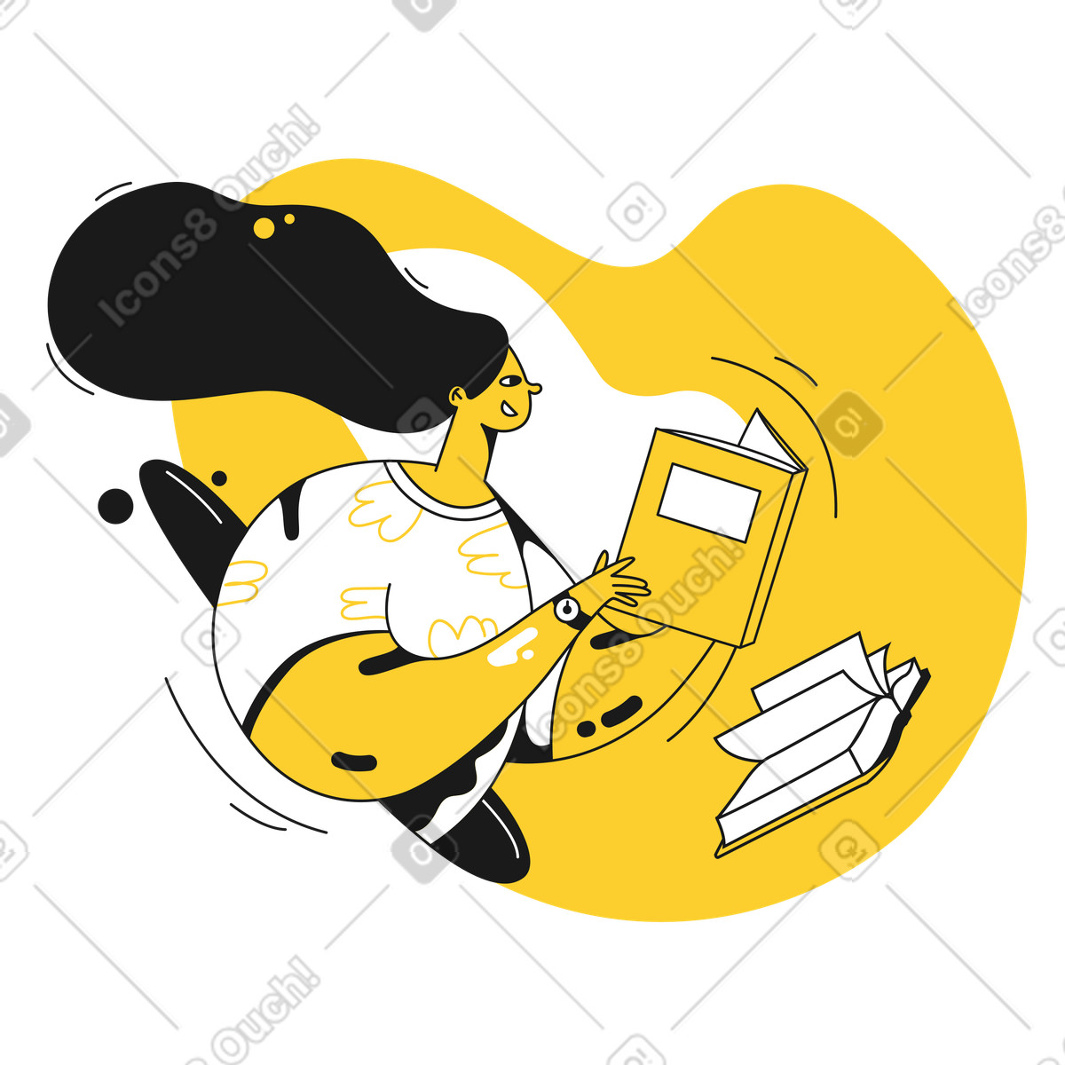 Smiling woman reading book after illustration in Taxi style download in PNG, SVG