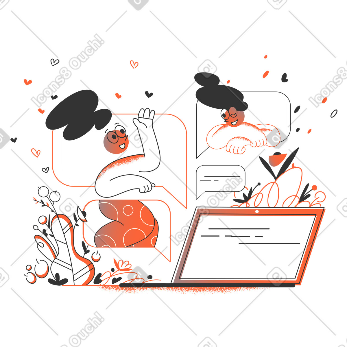Crayon スタイルの オンラインで会話する女性たち のイラストをPNG、SVG形式でダウンロード