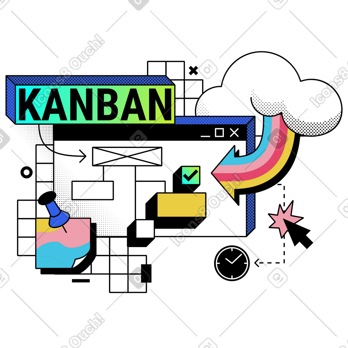 Illustration Tableau kanban téléchargé depuis le stockage cloud dans style Memphis à télécharger aux formats PNG, SVG