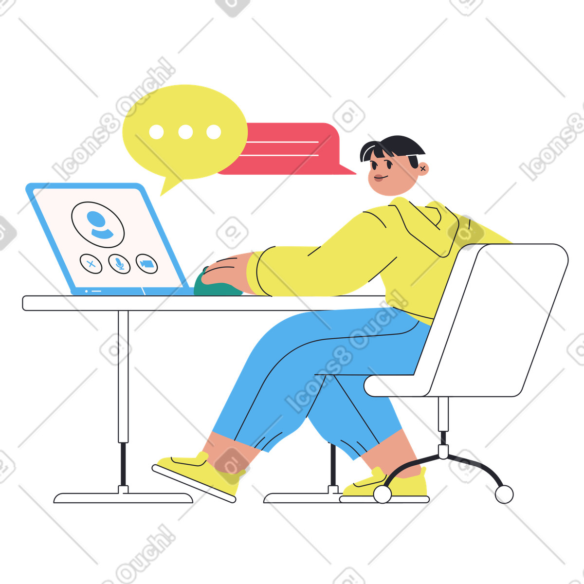 Remote worker using laptop for online meeting, virtual communication illustration in Boba style download in PNG, SVG