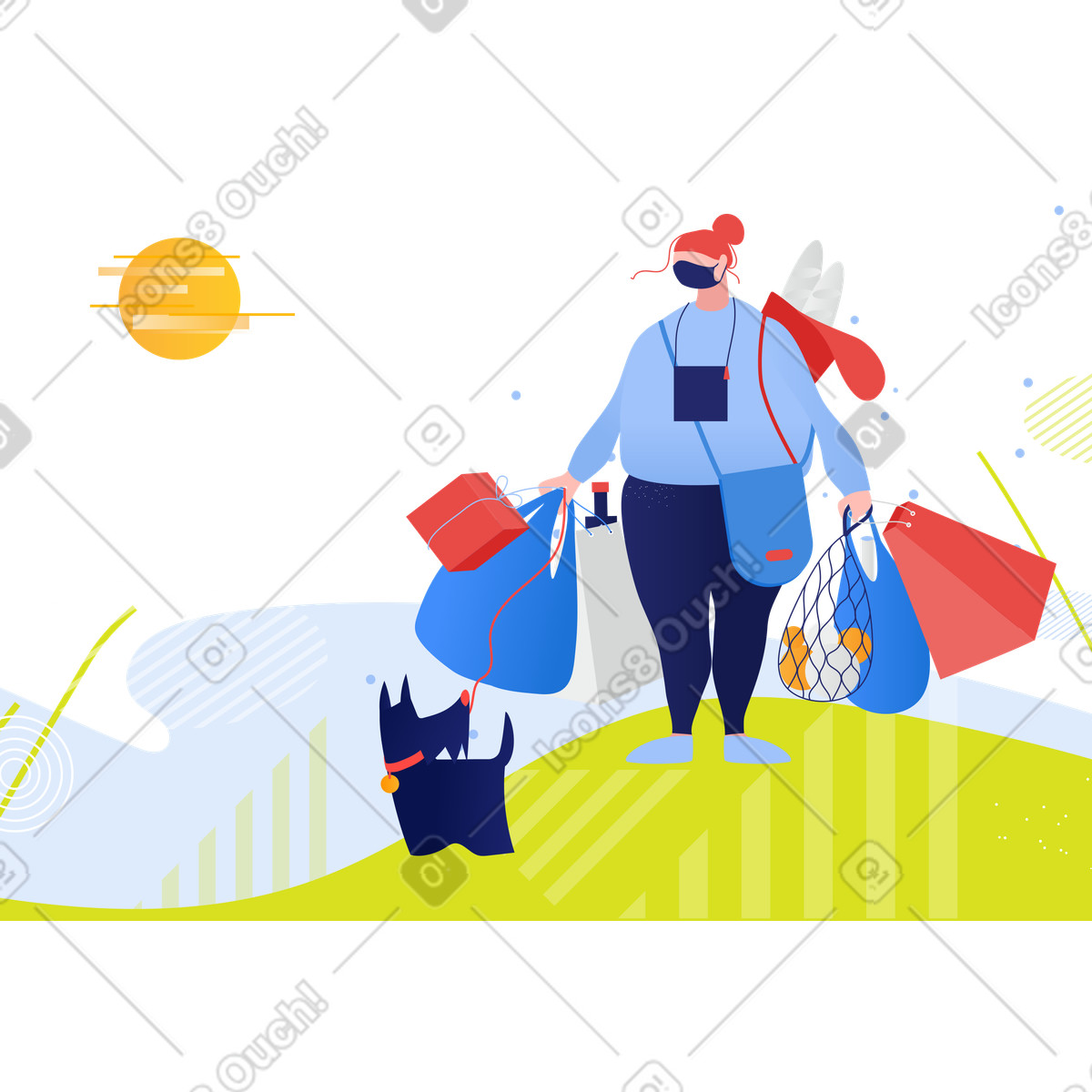 Donna che porta borse e a spasso il suo cane illustrazione in stile Clip scarica in PNG, SVG