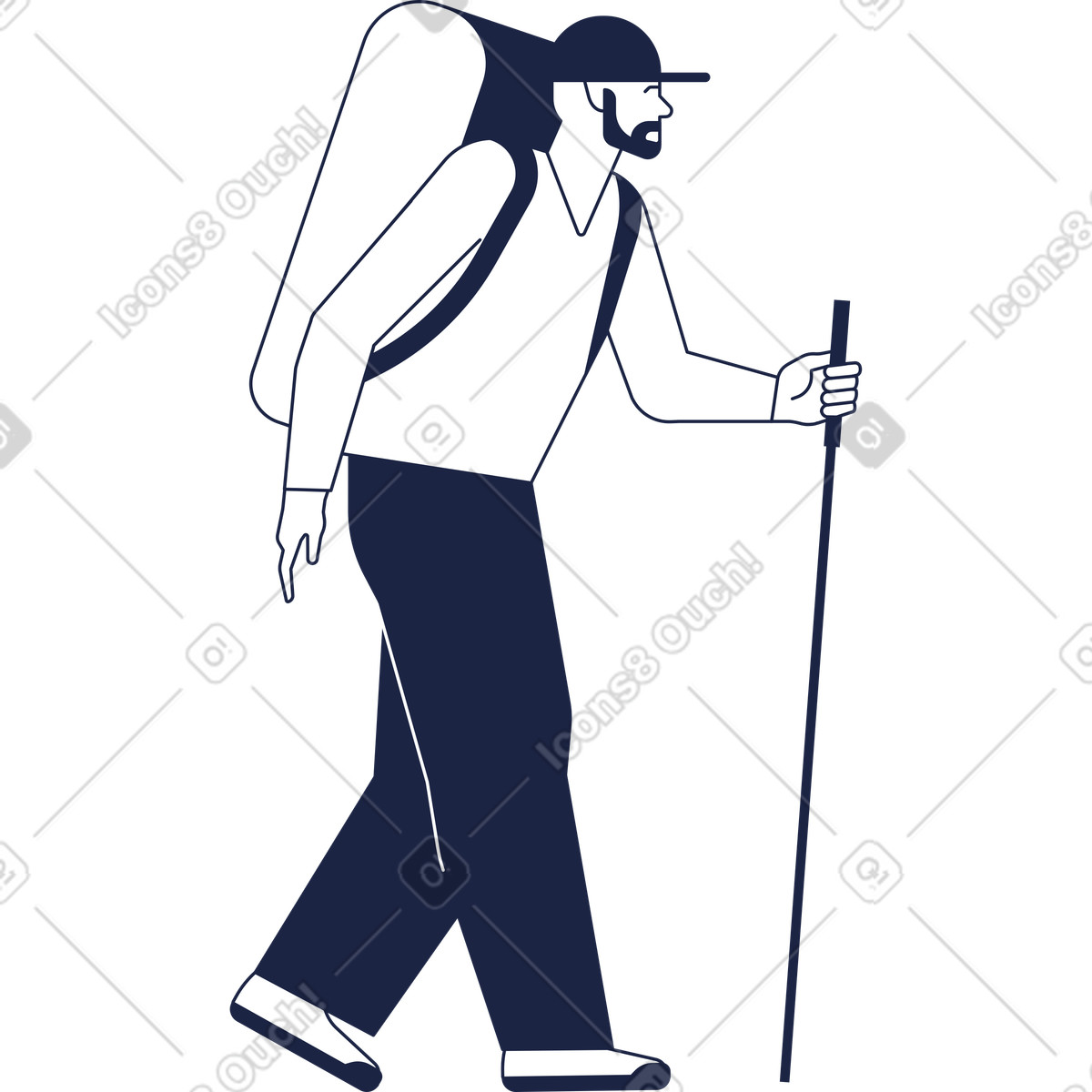 Urban Line スタイルの 大きなバックパックとスティックを手にした男性ハイカー のイラストをPNG、SVG形式でダウンロード