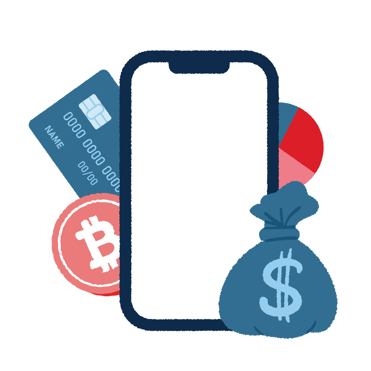 Illustration Phone surrounded by money and bank card, Online finance digital wallet dans le style Cherry à télécharger aux formats PNG, SVG