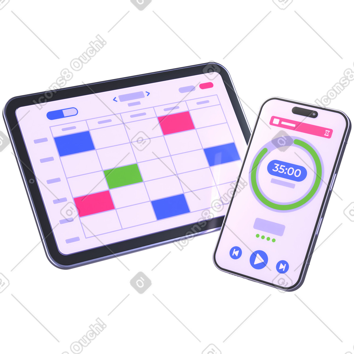 Time management app, digital productivity planner, task scheduling dashboard illustration in 3D Boost style download in PNG, SVG