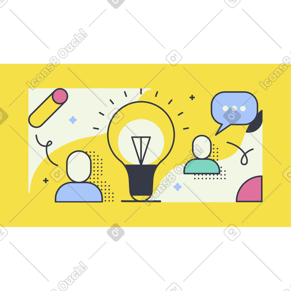 Team discussing ideas, Collaborative problem solving or brainstorm animated illustration in Abstract style download in GIF, Lottie (JSON), AE