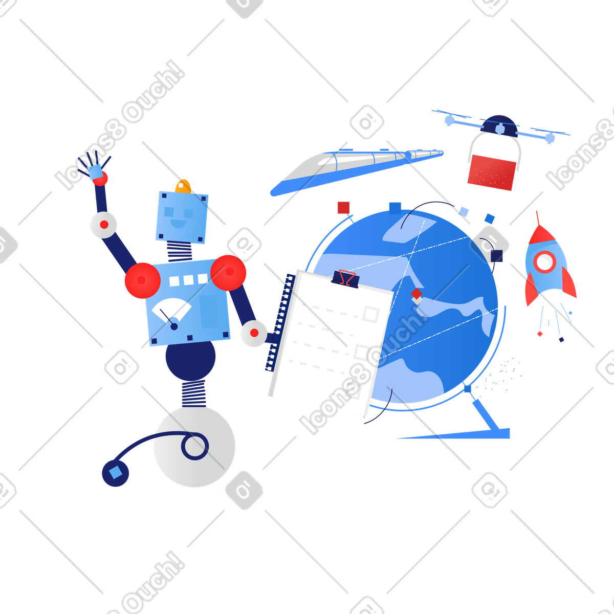 Illustration Un robot qui supervise les expéditions et la logistique mondiale aux formats PNG et SVG