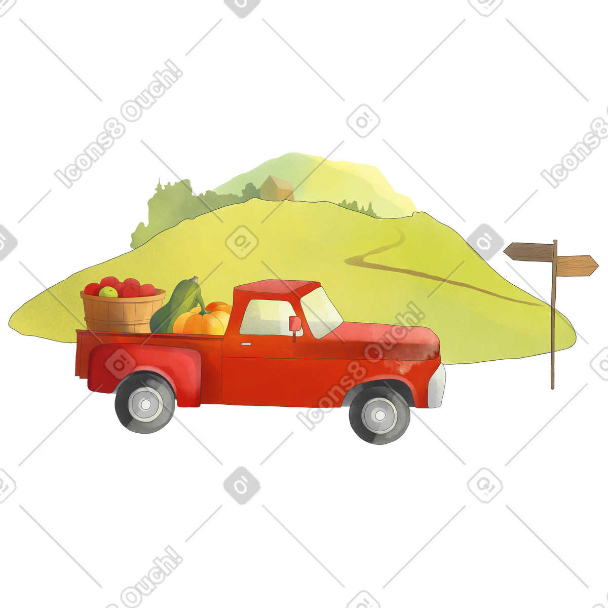 Pickup truck with harvest on the background of the hill illustration in PNG, SVG