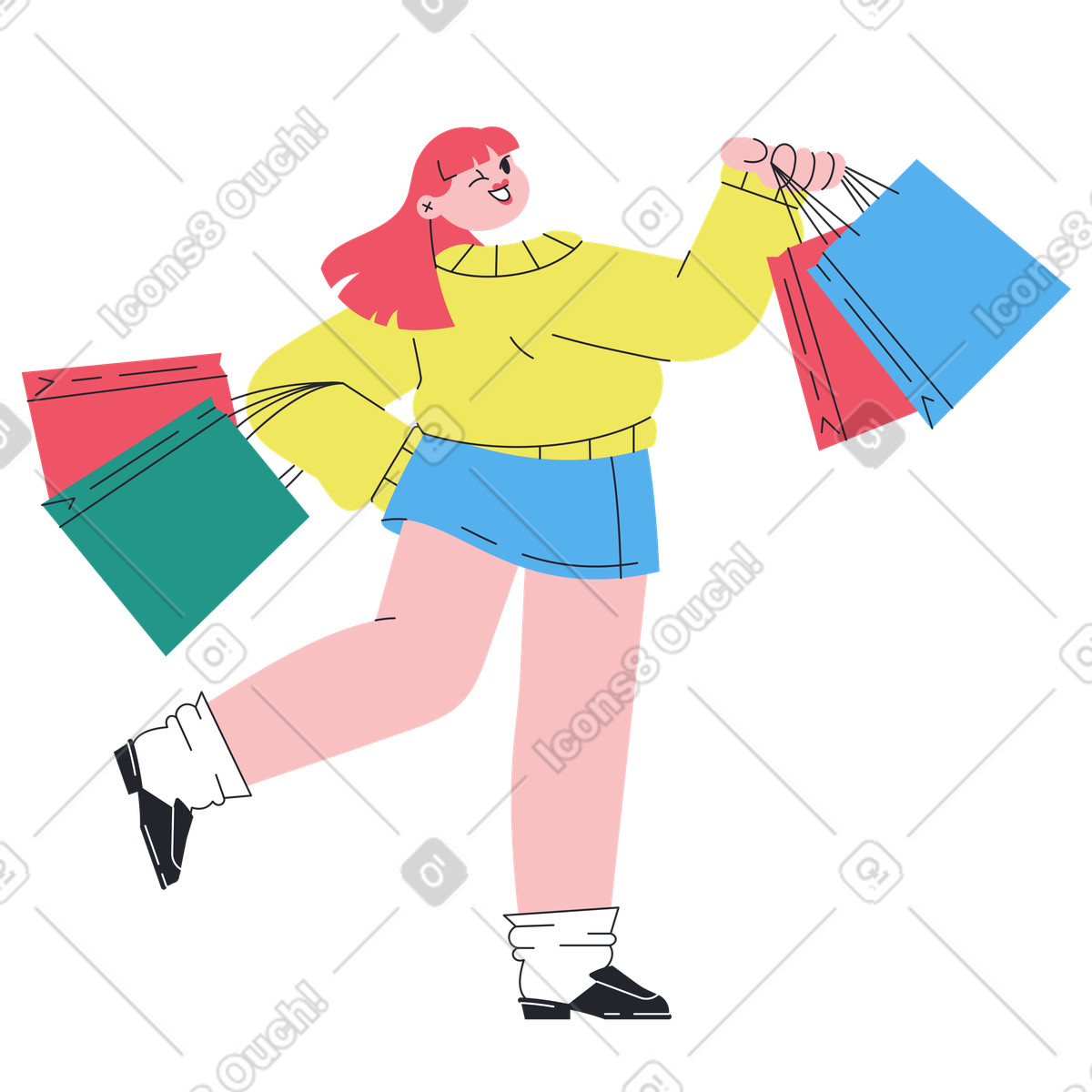 Excited customer with purchases, Retail sale or shopping joy illustrazione in stile Boba scarica in PNG, SVG