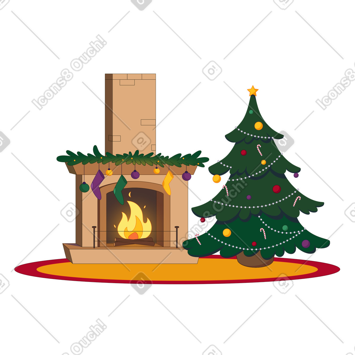 Kamin und weihnachtsbaum am heiligabend-Illustration im Santa Camp-Stil als Download in PNG, SVG