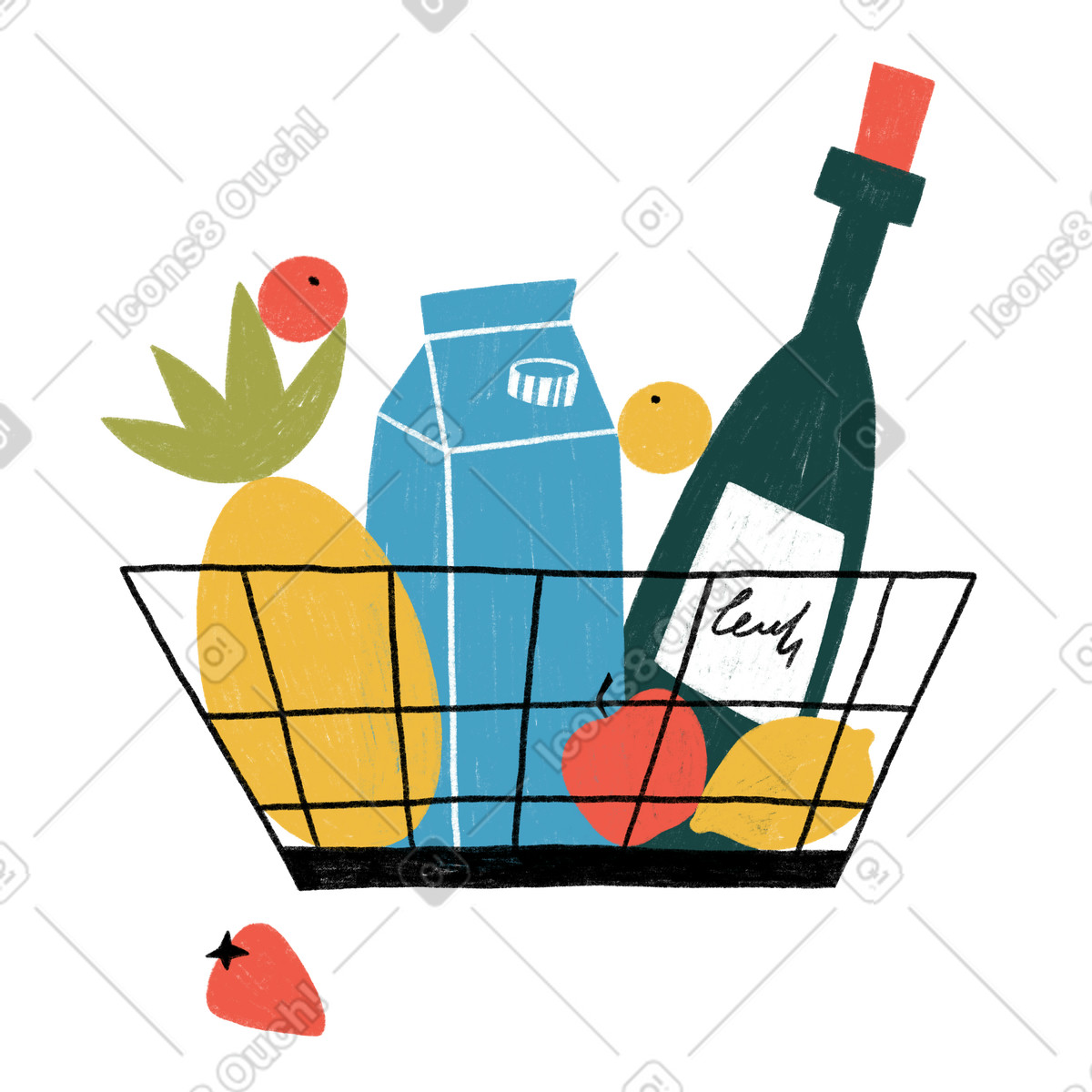 下载 Tutti 风格的 Shopping basket with fruit milk and wine 插画，支持 PNG、SVG 格式