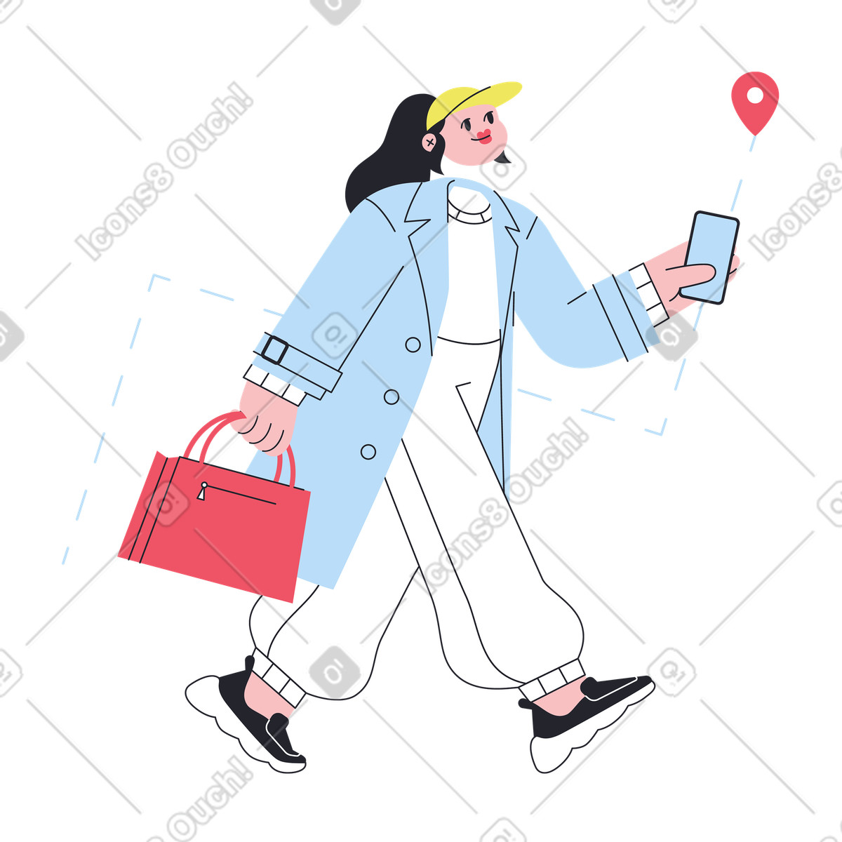 Traveler following mobile route, Navigation for city walk animated illustration in Boba style download in GIF, Lottie (JSON), AE
