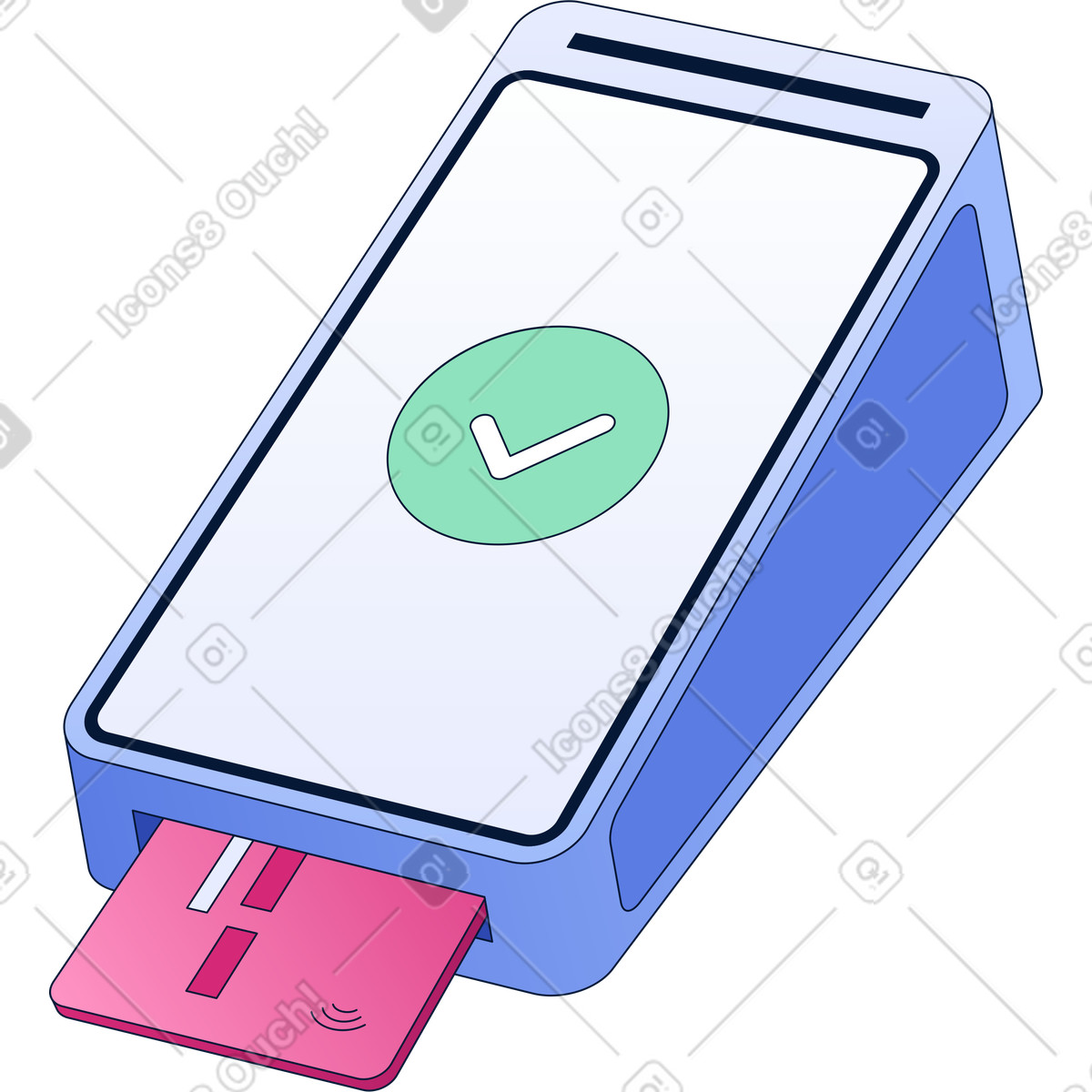 Payment terminal with bank card illustration in PNG, SVG