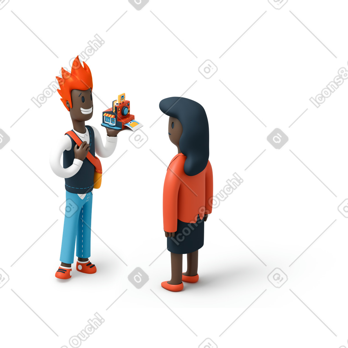Ilustração de Homem apresentando câmera vintage para mulher em no estilo 3D Flame baixar em PNG, SVG