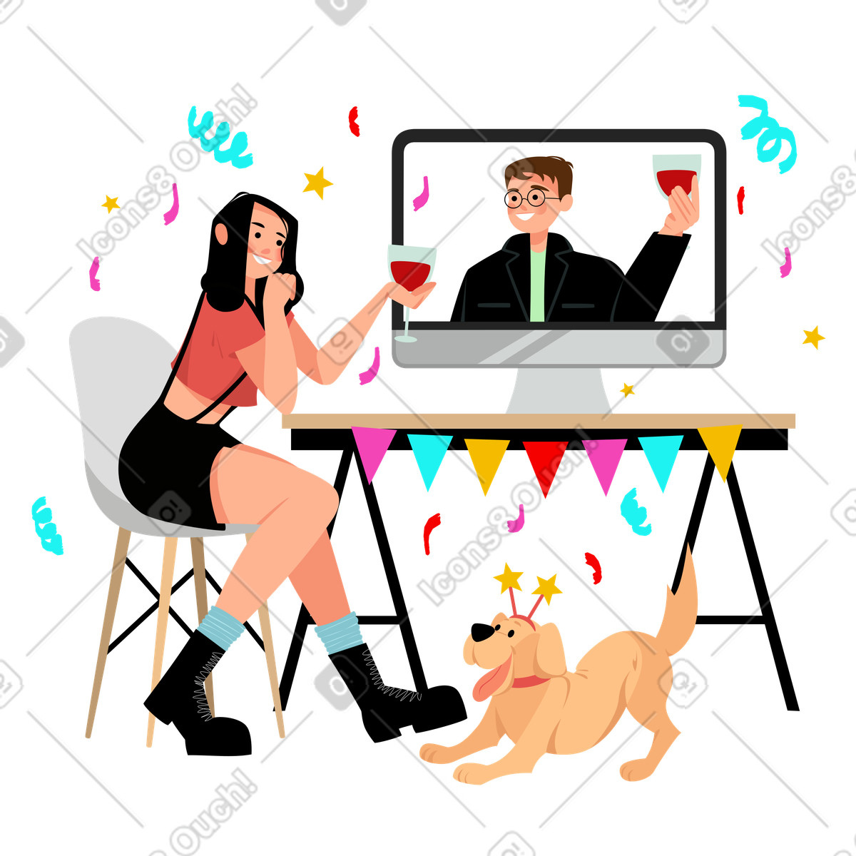 Friends celebrating with drinks over video call, Remote meeting for virtual party illustration in Lagom style download in PNG, SVG