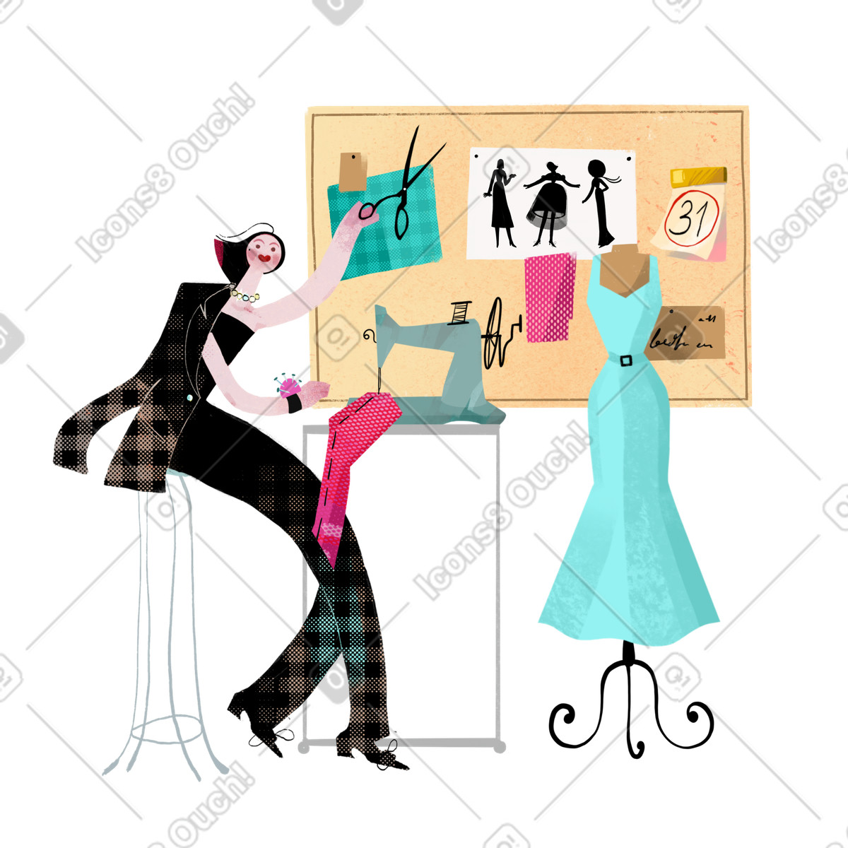 Tailor woman sewing in clothing atelier illustration Fabulous style download PNG, SVG