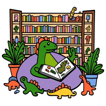 A T-Rex with green scales and small arms is sitting comfortably on a large, plush bean bag in a cozy library filled with dinosaur-themed decor. The library has tall shelves packed with colorful books, and soft, warm lighting illuminates the space. The T-Rex has its eyes focused on a large book, with colorful dinosaur illustrations on the pages. Around the T-Rex are various dinosaur plush toys scattered about, and there are leafy potted plants in the corners of the room, adding to the cozy atmosphere.