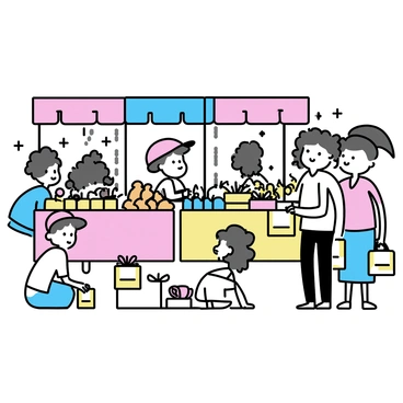 A group of children, with various hairstyles and clothing, are hiding among vibrant stalls in a busy marketplace. The stalls are adorned with an array of colorful fabrics and fresh produce, creating a lively atmosphere. One child, wearing a red cap, peeks out from behind a stall filled with oranges and apples. Another child, with curly hair, is crouched down near a stall displaying bright flowers. The scene is filled with shoppers, some carrying bags, while others interact with the stall owners.