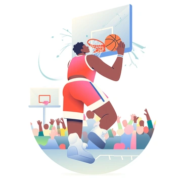 A basketball player with dark skin and short black hair is mid-air, performing a powerful dunk. He is wearing a bright red jersey and white shorts, and his face shows intense focus and determination. His right hand is gripping the basketball tightly as he prepares to slam it into the hoop. The backboard, made of clear glass, is shattering with visible cracks spreading outward. Fragments of glass are flying in various directions, catching the light. In the background, a cheering crowd is visible, with fans in colorful attire, some raising their arms in excitement. The basketball court is marked with white lines, and a scoreboard is visible, adding to the intense atmosphere of the moment.