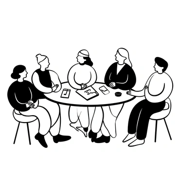 A diverse group of people sitting around a round table, each person representing a different background and culture. They are leaning slightly forward, indicating engagement in a conversation. Various items such as notebooks and pens are scattered on the table. Some participants are gesturing with their hands, showcasing the dynamics of discussion. Light shines down from above, creating a focus on the group while leaving the background undefined. "Listening to different perspectives" is displayed prominently on a piece of paper on the table.