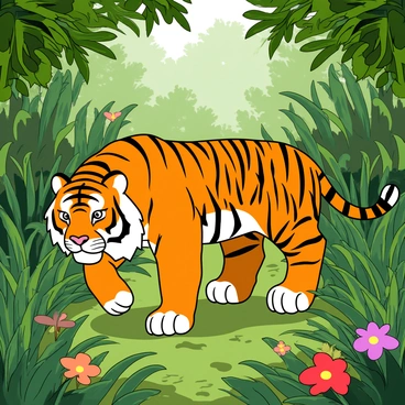 A majestic tiger with bold orange stripes and bright white fur is prowling through a dense jungle. The tiger is captured mid-stride, its powerful muscles evident beneath its sleek coat. Surrounding the tiger are lush green leaves and tall grasses, creating a vibrant backdrop. Sunlight filters through the dense canopy, casting dynamic shadows across the underbrush. Additional elements include colorful tropical flowers scattered throughout the scene, adding splashes of color against the verdant greenery. The atmosphere is alive with the movement of the tiger as it navigates through its natural habitat.