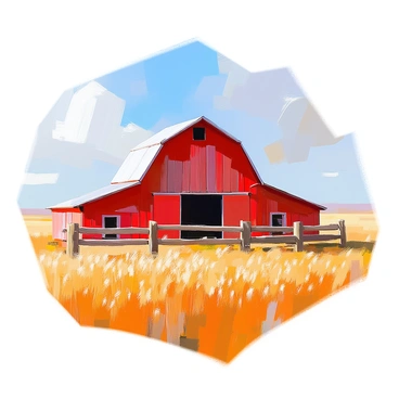 An old red barn with a weathered wooden exterior stands prominently amidst expansive fields of golden wheat that sway gently in the breeze. The barn's roof is slightly sagging, indicating its age, and the paint is chipped in places. Surrounding the barn is a rustic wooden fence, made from rough-hewn timbers, enclosing a small area of land. In the distance, the golden wheat fields stretch towards the horizon, creating a vibrant contrast against the barn's deep red color. The sky above is a clear blue, enhancing the idyllic rural scenery.