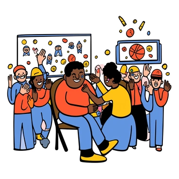 A fan with light skin and short black hair is sitting in a chair, smiling as a face painter applies bright red and blue paint to their face. The fan is wearing a jersey that features the team's logo prominently. There are excited fans in the background, some waving foam fingers and wearing hats in the same team colors, creating a lively atmosphere. The scene is filled with colorful decorations representing the basketball team, and a large scoreboard is visible in the distance, indicating the excitement of the event.