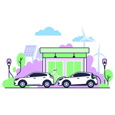 A row of electric vehicles is parked at a microgrid-powered charging station. Each vehicle has a sleek design and is connected to charging cables that lead to charging points mounted on the station. The station itself has a modern architectural style, featuring a green roof and large windows. In the background, solar panels are installed on the ground, and a wind turbine can be seen, emphasizing the sustainable energy aspect. There are small trees and shrubs planted around the station, creating a natural environment. A clear blue sky is visible above, enhancing the overall scene of innovation in green energy.