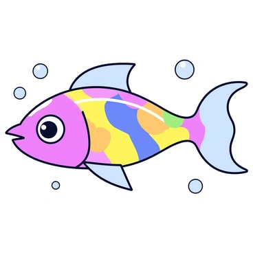 A fish with a streamlined body covered in shimmering scales that display all the colors of the rainbow. The fish has large, round eyes and a small mouth that curves slightly upwards. Its fins are delicate and translucent, flowing gently as it swims through the water. The background consists of simple floating bubbles to emphasize the fish in its aquatic environment.