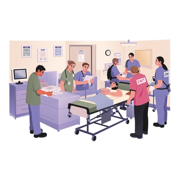 A digital flat illustration depicting a busy emergency room filled with activity. On the left side, a doctor with dark hair and a green scrubs jacket is examining a patient on a hospital bed, who is covered with a light blue blanket. Nearby, a nurse with light brown hair in a ponytail is checking a chart, wearing scrubs with a floral pattern. In the center, a patient is being wheeled in on a stretcher by two EMTs, one wearing a blue uniform and the other in red, both focused and alert. The walls are adorned with medical equipment and posters, and there are various medical supplies visible on a cart. In the background, other medical personnel can be seen attending to different patients, illustrating the dynamic environment of a bustling emergency room.