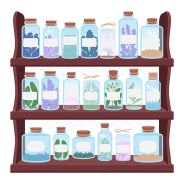An apothecary shelf made of dark wood is lined with numerous glass jars filled with an array of dried flowers and herbs. Each jar has a distinct label indicating the contents, showcasing various colors and shapes of the plants inside. Some jars are filled with vibrant dried lavender, while others contain small clusters of chamomile flowers. The shelf is slightly illuminated, casting soft shadows and enhancing the organic textures of the herbs. A few jars have cork stoppers, while others are sealed with twine. In the background, subtle hints of intricate wallpaper can be seen, complementing the natural theme of the collection.