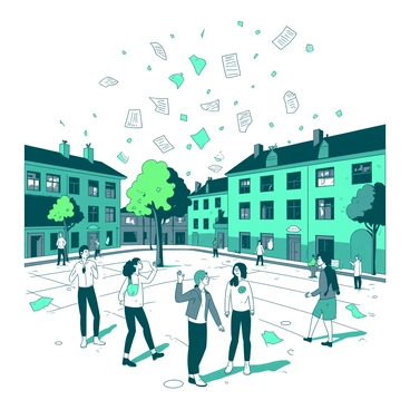 A white city square is bustling with activity as letters and documents fall from the sky like rain. The square is surrounded by historical buildings with teal facades, and people below are looking up in surprise and curiosity. Some individuals are reaching out to catch the fluttering papers, while others are standing still, gazing in awe. The ground is scattered with colorful letters and documents, creating a vibrant collage against the white pavement. A few trees with green leaves are lining the edges of the square, adding life to the scene.