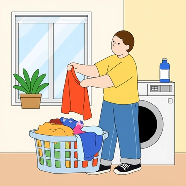 A person with light skin and short brown hair is standing in a bright laundry room filled with sunlight streaming through a window. They are wearing a yellow t-shirt and blue jeans while folding colorful laundry. The laundry basket beside them is overflowing with various clothes, including a red shirt and a pair of blue socks. The walls of the laundry room are a soft white color, and there is a green plant on the windowsill, adding a touch of life to the space. A washing machine can be seen in the background, with a small bottle of detergent resting on top.