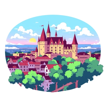 The iconic "Château Frontenac" stands majestically overlooking the historic skyline of "Quebec City." The castle-like structure features distinctive turrets and an elegant roof, with its warm-colored facade contrasting beautifully against the cool hues of the sky. In the foreground, lush green trees frame the building, while the city's charming old buildings with their cobblestone streets are visible below. The scene captures a vibrant sunset, casting a soft glow over the landscape, enhancing the historical charm of the area.