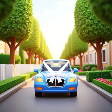 A wedding car, elegantly decorated with white ribbons, is driving down a peaceful suburban street. The car is surrounded by neat gardens filled with colorful flowers and well-maintained hedges. Along the street, there are charming houses with white picket fences, and the sun casts a warm glow on the scene, highlighting the vibrant greenery. Trees line the road, their leaves rustling gently in the breeze.