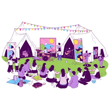 A vibrant festival scene featuring large white tents displaying colorful art illustrations around a central stage. The stage is set for live musical performances, with musicians playing various instruments like guitars and drums. In the foreground, an audience is gathered, some sitting on the grass, while others stand, clapping and enjoying the music. Colorful banners hang from the tents, and strings of lights crisscross above, enhancing the lively atmosphere. People of diverse backgrounds are interacting, with some discussing the art pieces around them and others focused on the performance.