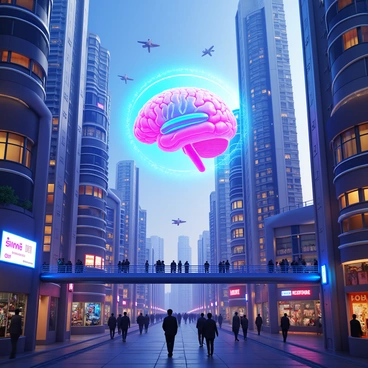 A futuristic cityscape with holographic displays showing a detailed prefrontal cortex