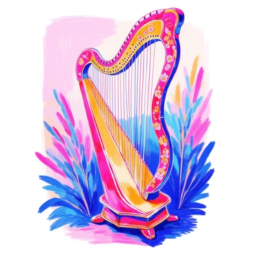 An elegant harp stands tall with a beautifully curved frame made of polished wood. The surface of the woodwork is intricately carved, featuring delicate floral patterns and swirling designs along the edges. The strings of the harp are finely detailed, glistening in the light, and stretching from the top of the instrument down to the base. The overall posture of the harp is upright, showcasing its graceful silhouette. In the background, there are soft shadows that highlight the craftsmanship of the instrument.