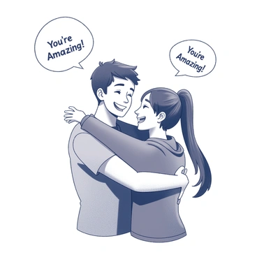Two friends are embracing each other in a heartfelt hug. One friend has short hair and is wearing a casual t-shirt, while the other has long hair tied in a ponytail and is dressed in a hoodie. Their facial expressions show joy and warmth. Above them, there are two speech bubbles; one contains the text "You're Amazing!" and the other features a similar positive message.