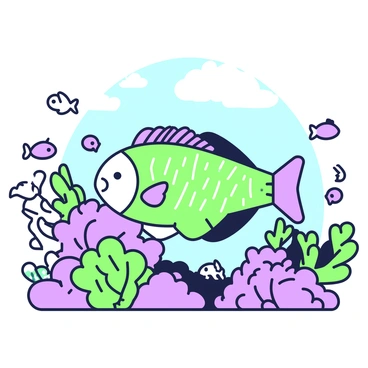 A fish with a shimmering tail is swimming through a vibrant coral reef. The fish features intricate patterns on its body, showcasing its unique shape and fins. Surrounding the fish, various types of coral in differing forms and sizes create a lively underwater environment. Additional small fish are swimming alongside, adding to the dynamic scene. Sunlight filters through the water, illuminating the reef and casting soft shadows.