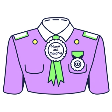 A shiny medal is pinned prominently on a crisp uniform. The uniform is adorned with various insignia, displaying a sense of authority and pride. The medal features intricate designs around its edges and is centered with the engraved text "Honor and Integrity". Light reflects off the surface of the medal, highlighting its polished finish. The uniform fabric appears neatly pressed, and the collar is crisp and well-defined. The background is neutral to emphasize the medal and uniform.