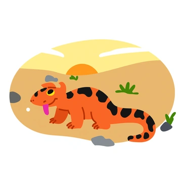 A gila monster with vibrant orange and black scales is emerging from a small burrow in the sandy ground. The scene is illuminated by the soft, warm light of dawn, casting a golden hue across the landscape. The gila monster has its tongue flicking in and out, sensing its surroundings. Small rocks and sparse desert vegetation surround the entrance of the burrow, while a few rays of sunlight begin to penetrate the horizon, highlighting the creature's intricate patterns.
