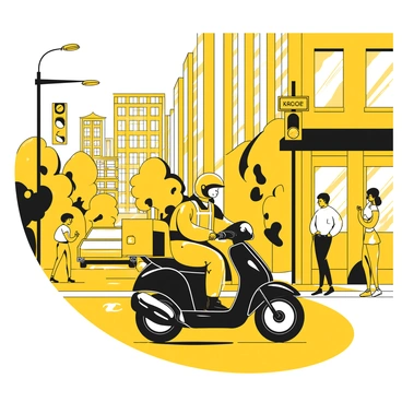 A motorbike courier wearing a yellow helmet is riding a sleek black motorbike through a busy city center. The courier is holding a package securely with one hand, while the other hand is gripping the handlebars. Tall buildings surround the street, with large windows reflecting the hustle and bustle of the crowd. People are walking on the sidewalk, while a few vehicles are parked along the road. A traffic light is visible in the background, and a street sign indicates the busy location. The scene is filled with energy and movement, capturing the life of the city.