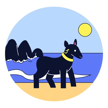 A Nandi figure standing on a sandy shore. The Nandi has a glossy black coat and distinct decorative elements, such as a garland around its neck. In the background, waves crash against dark rocky formations. The sun is positioned high in a clear blue sky, casting bright light across the scene. The foamy water splashes against the rocks, creating a dynamic contrast with the stillness of the Nandi.