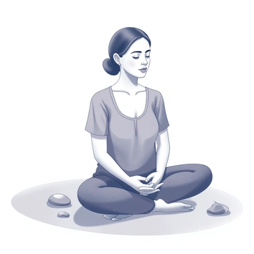 A woman sitting cross-legged on a smooth surface, her hands resting gently on her knees. She has her eyes closed, embodying a state of calm and focus. Surrounding her are elements that suggest tranquility, such as a few small stones arranged neatly nearby and soft grass beneath her. The backdrop features a simple, natural environment that enhances her mindfulness practice.