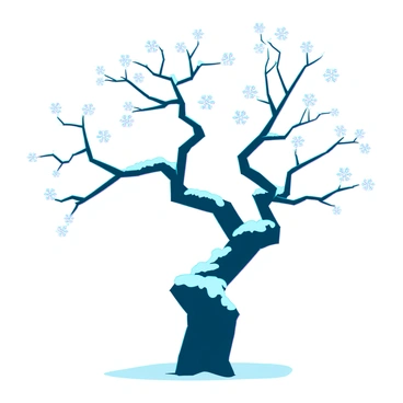 A bare tree with twisted branches, displaying intricate patterns, stands prominently in the foreground. Each branch is delicately adorned with crystalline snowflakes that glisten against the light. The background features a pale winter sky, with soft, subtle gradients of light blues and whites, creating a serene atmosphere. The snowflakes create a striking contrast against the dark bark of the tree, emphasizing the beauty of the winter scene.