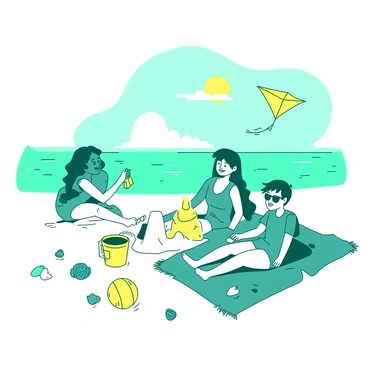 A fun day at the beach with friends, illustrated in a sunny comic strip layout.