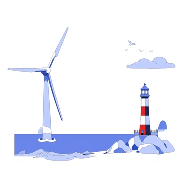 A coastal scene features a wind turbine standing tall along a rocky shoreline. The turbine has three elongated blades that are rotated by the wind. Nearby, a traditional lighthouse rises prominently, with its red and white striped pattern clearly visible. The lighthouse has a round top with a lantern room that emits light. The sea stretches out in the background, with gentle waves lapping at the shore. Wispy clouds float in the sky above, casting shadows on the landscape. Seagulls can be seen flying above the water, adding to the coastal atmosphere.